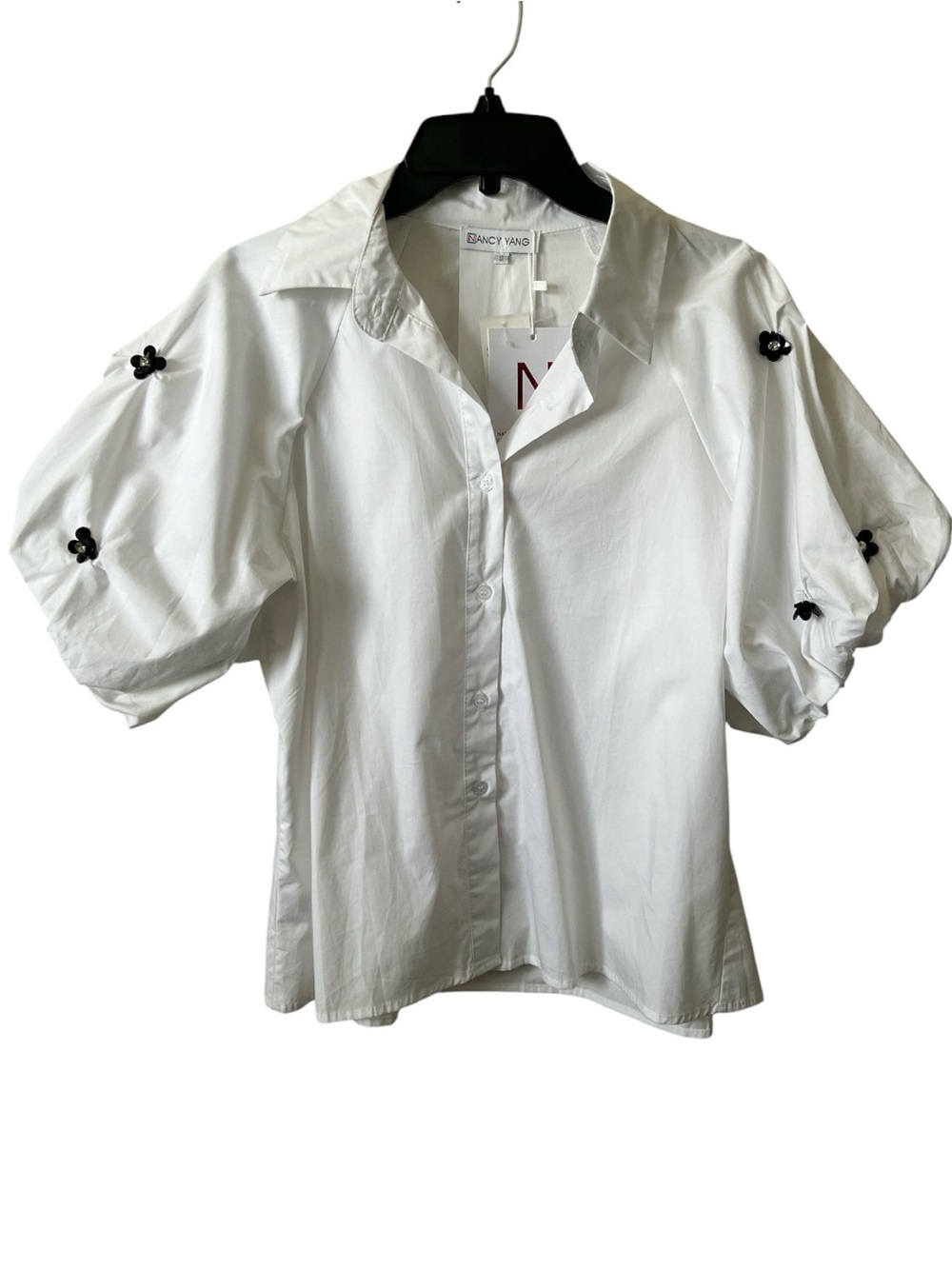 NWT Nancy Yang Embellished Bubble Sleeve Top White Floral Appliqué Blouse Small - Picture 12 of 12